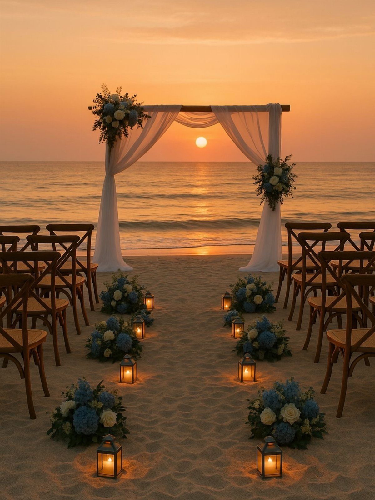 Beach wedding ceremony setup with a white fabric arch and lanterns at sunset.
