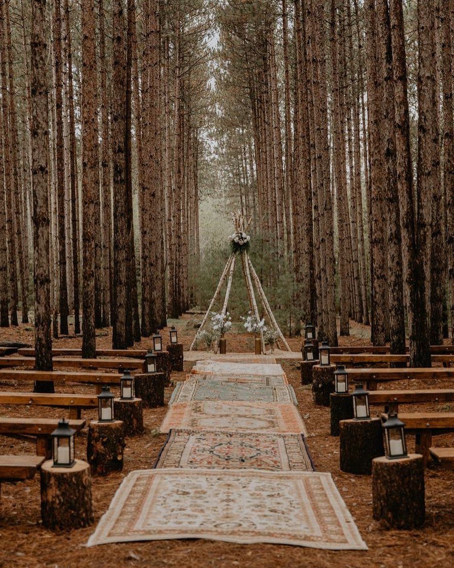 Wedding ceremony aisle with patterned rugs and wooden arch in a pine forest.