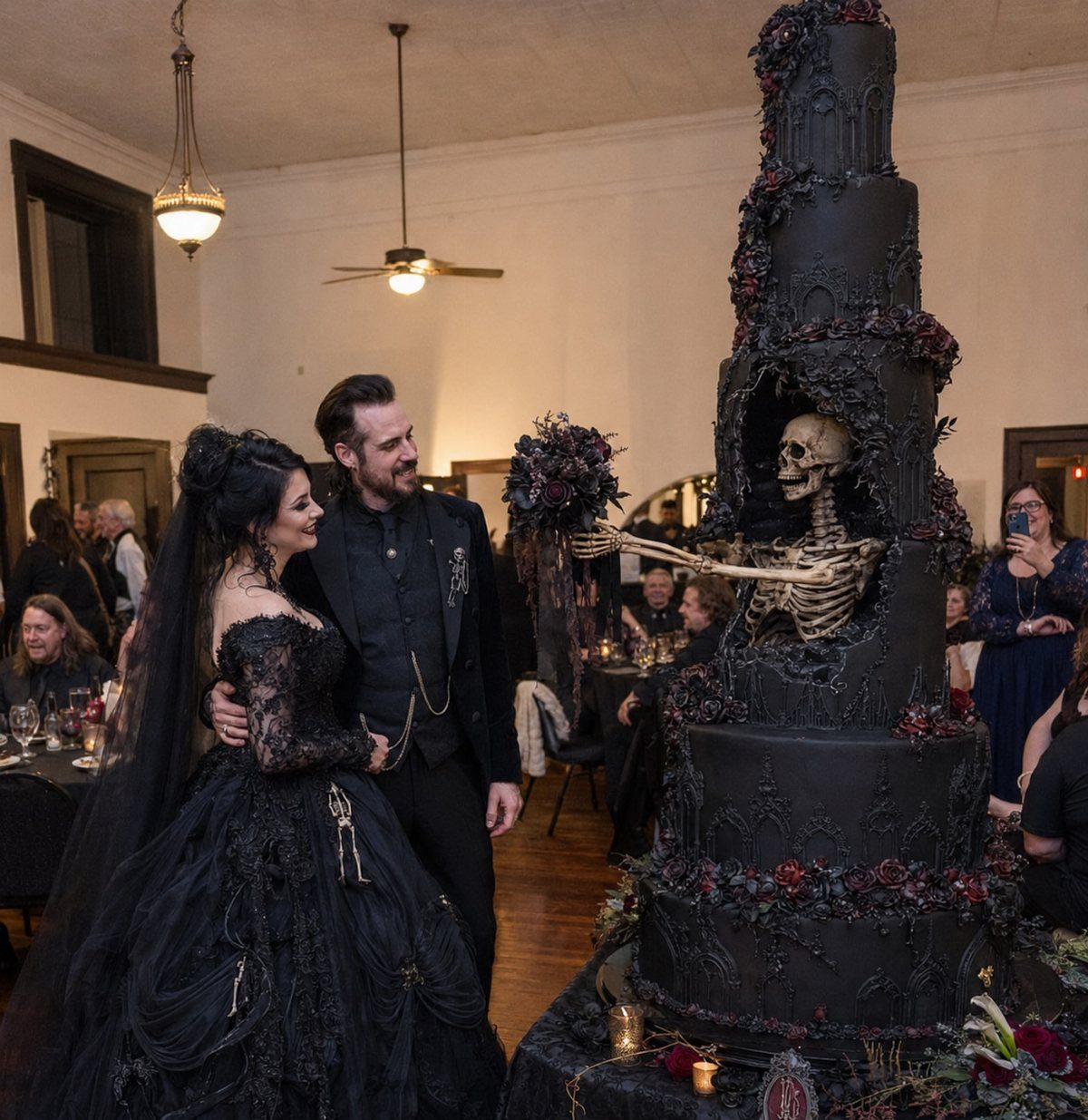Couple in black wedding attire standing by a black cake with a skeleton.