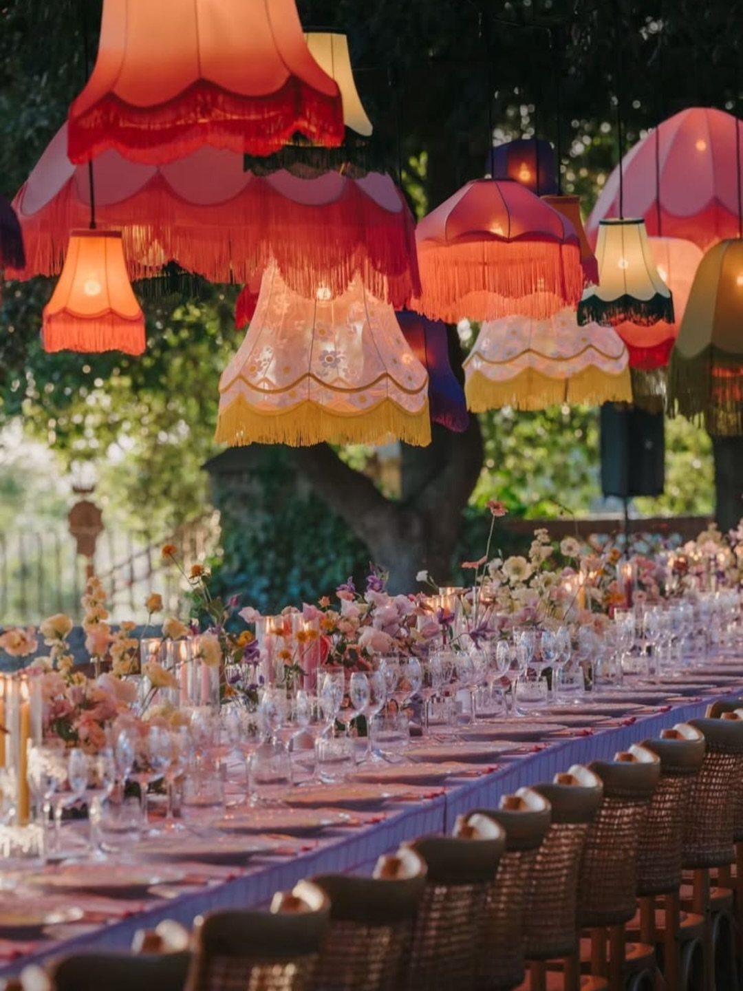 Bohemian Chic Wedding Ideas: 5 Looks and Details 3 Colorful fringed lampshades hanging over a long wedding table with pink flowers.