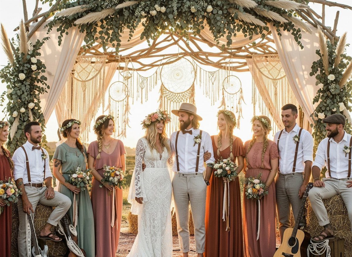 Bohemian Chic Wedding Ideas: 5 Looks and Details 1 Wedding party in loose earthy dresses and suits posing under a boho floral arch.
