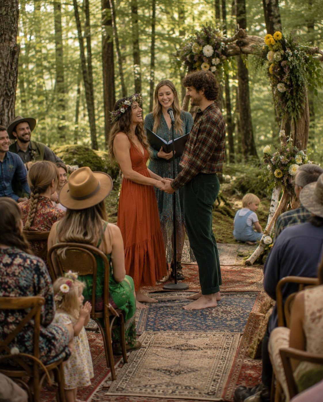 Bohemian Chic Wedding Ideas: 5 Looks and Details 4 Couple holding hands at a forest wedding with a wildflower wooden arch.