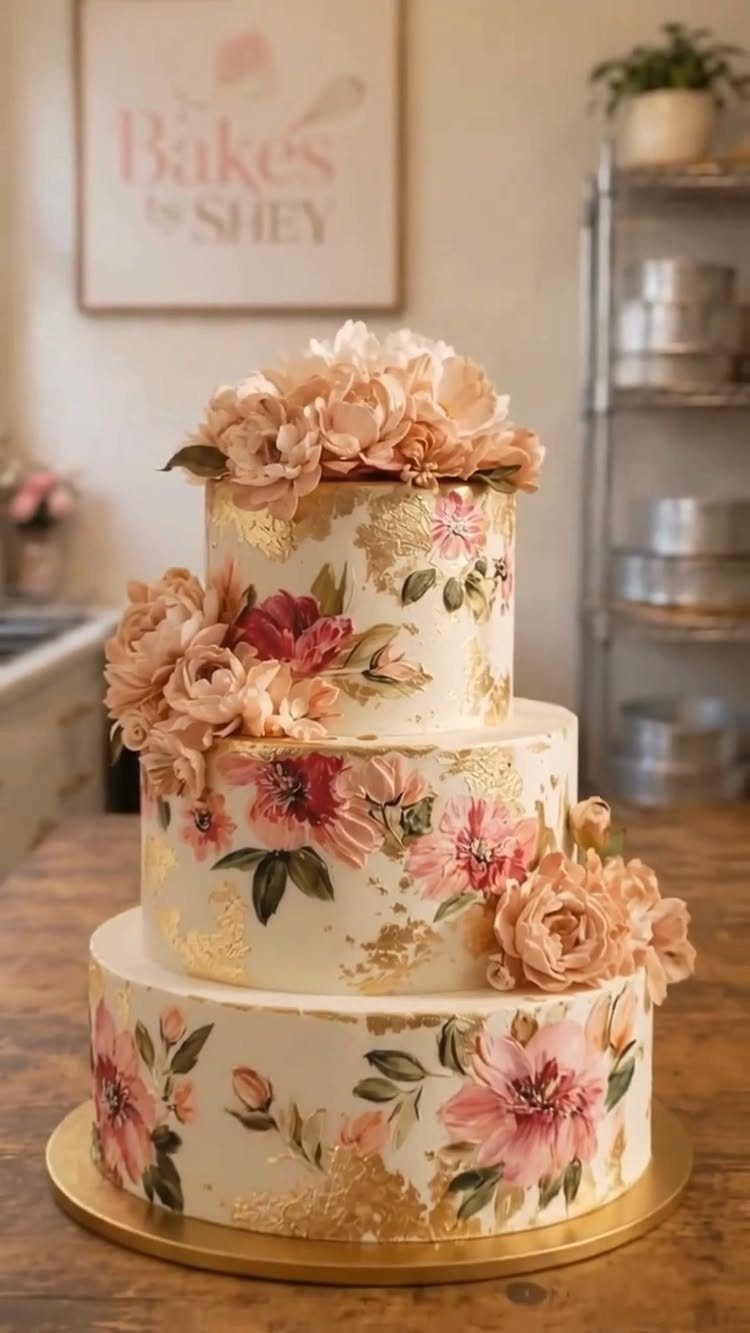 Three-tier white cake with painted pink flowers, gold foil accents, and peach peonies.