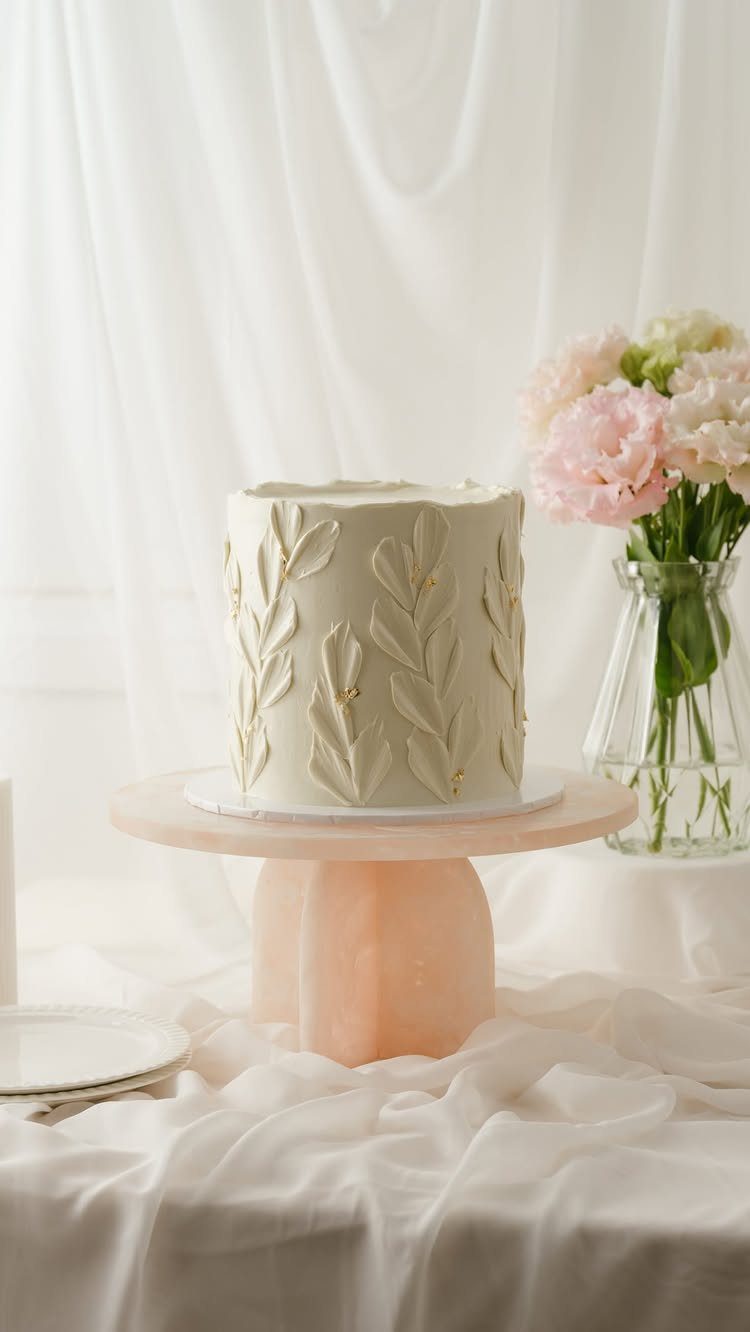 Single-tier white cake with embossed leaves on a pink marble stand with peonies.