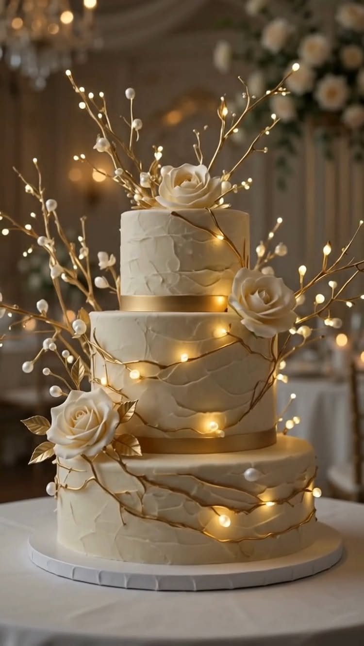 Three-tier white textured buttercream cake decorated with gold branches, fairy lights, and roses.