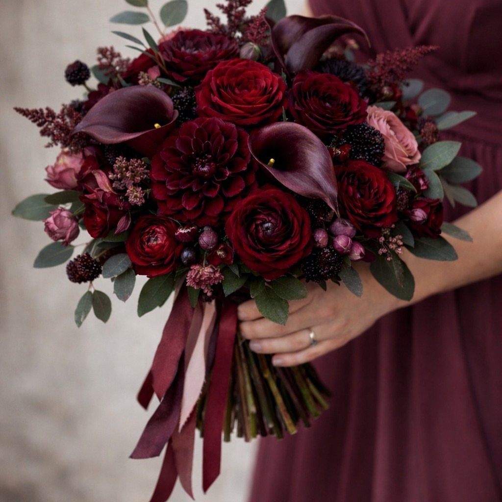 Burgundy and pink wedding bouquet with roses and calla lilies held by bridesmaid
