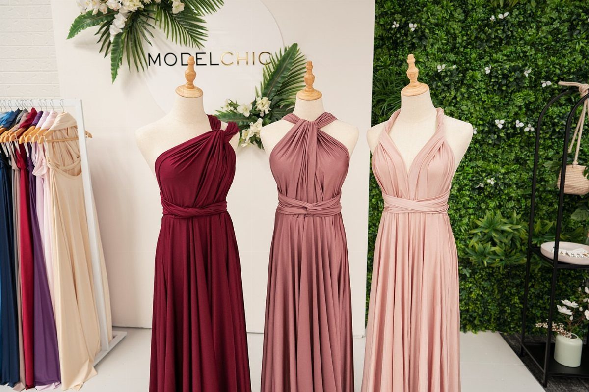 Three bridesmaid dresses in burgundy, mauve, and blush pink on mannequins.