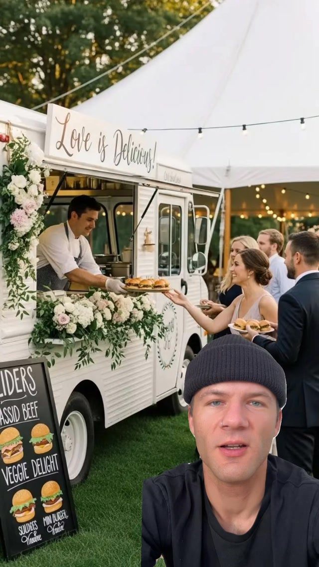 White vintage food truck serving sliders to guests at an outdoor wedding reception.