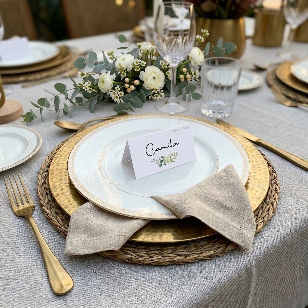 Wedding table setting with a Camila place card, gold charger, and white floral centerpiece.