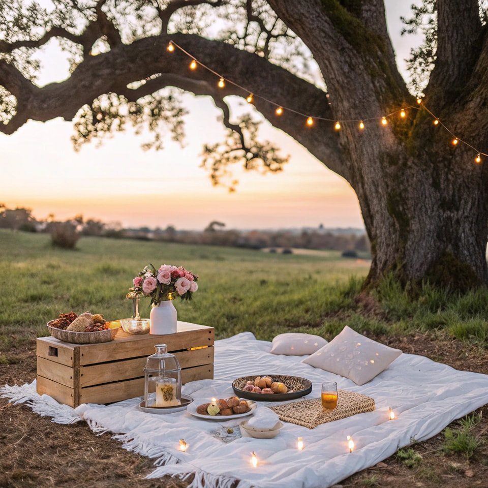 White picnic blanket with pillows and snacks under a tree with string lights.