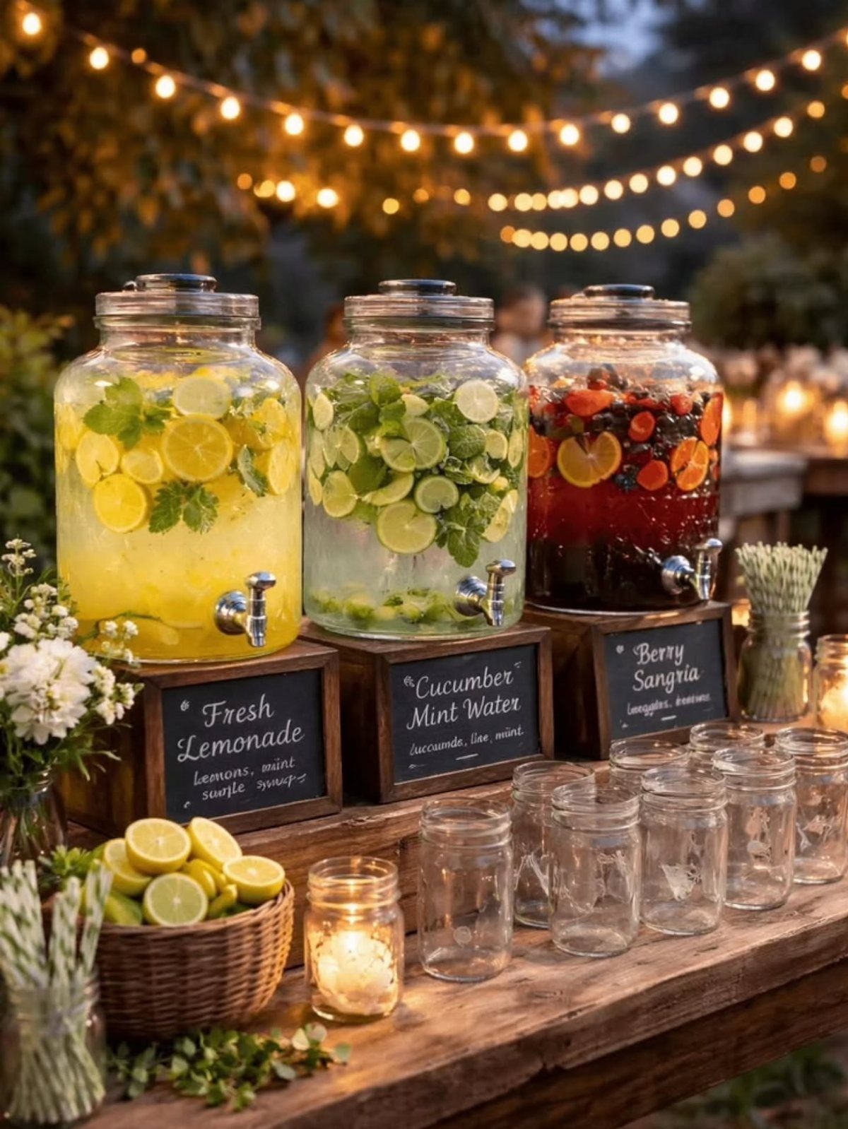 Three glass drink dispensers with fruit-infused beverages on a rustic wooden outdoor table.