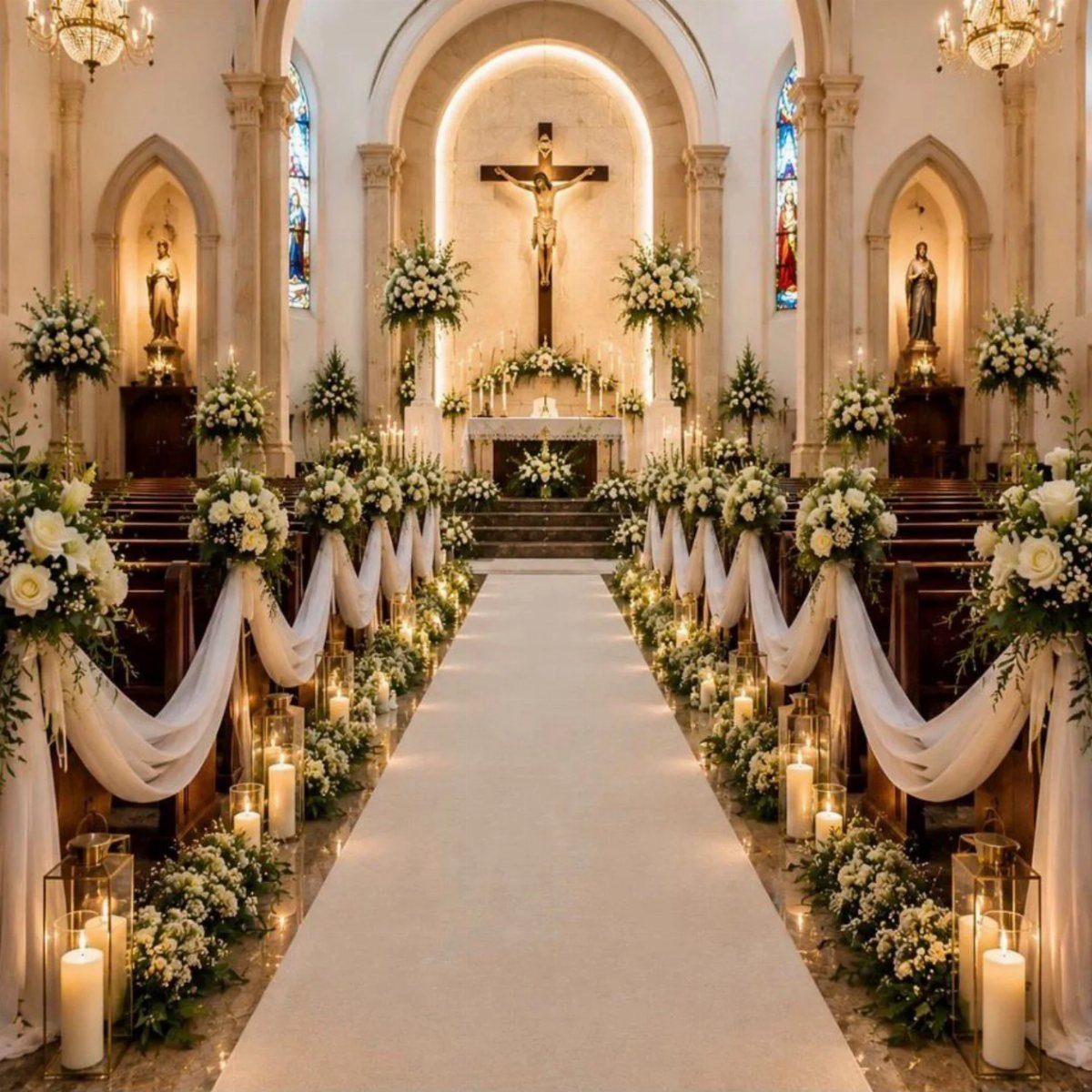 Catholic church interior decorated with white flowers, draped fabric, and candles along the aisle.