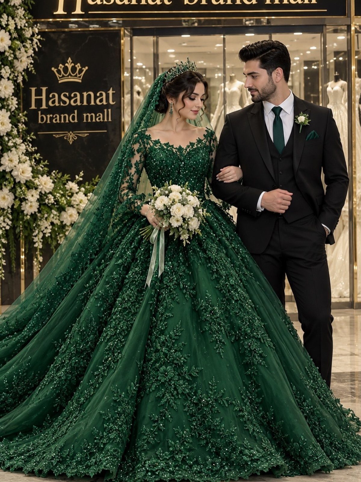 Woman in a voluminous dark green lace wedding gown standing with a man.