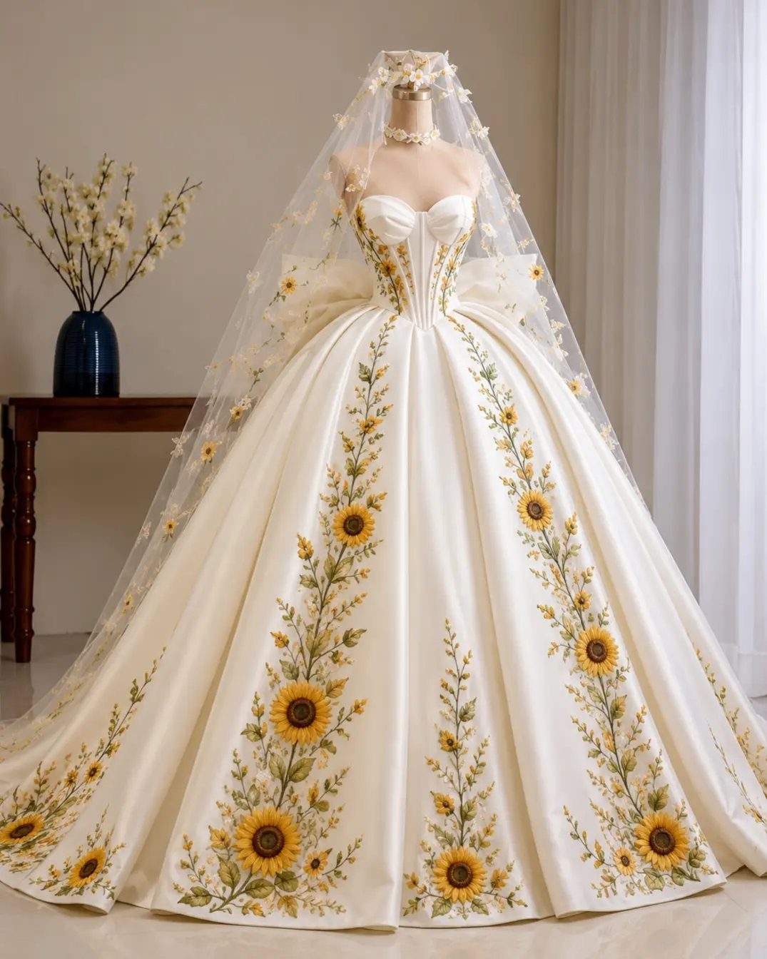 Cream wedding dress with yellow sunflower embroidery and a sheer floral veil.