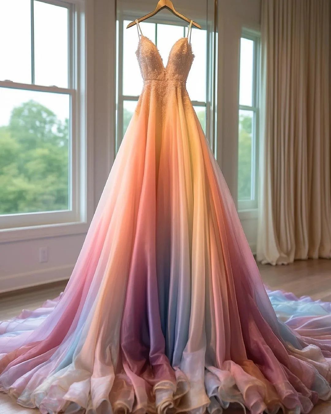 Rainbow gradient wedding dress with a white bodice hanging in front of a window.