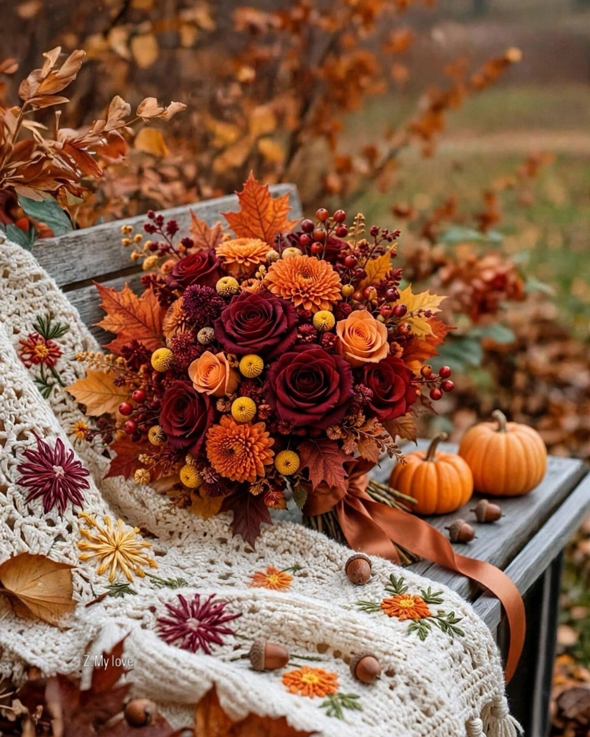 Colour Scheme for Wedding: 15 Ideas and Palettes 8 Autumn bridal bouquet with red and orange flowers on a bench with pumpkins.