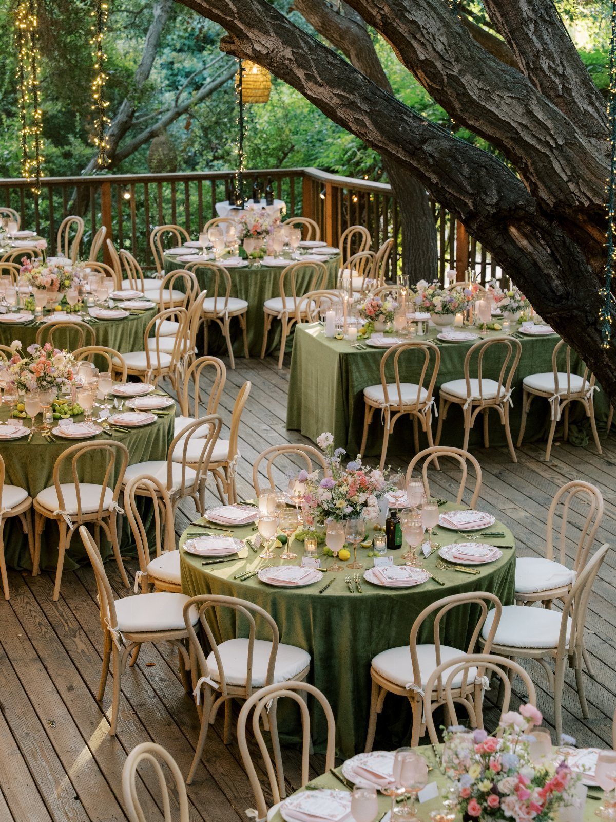 Colour Scheme for Wedding: 15 Ideas and Palettes 14 Olive green wedding table settings with pastel flowers on a wooden outdoor deck