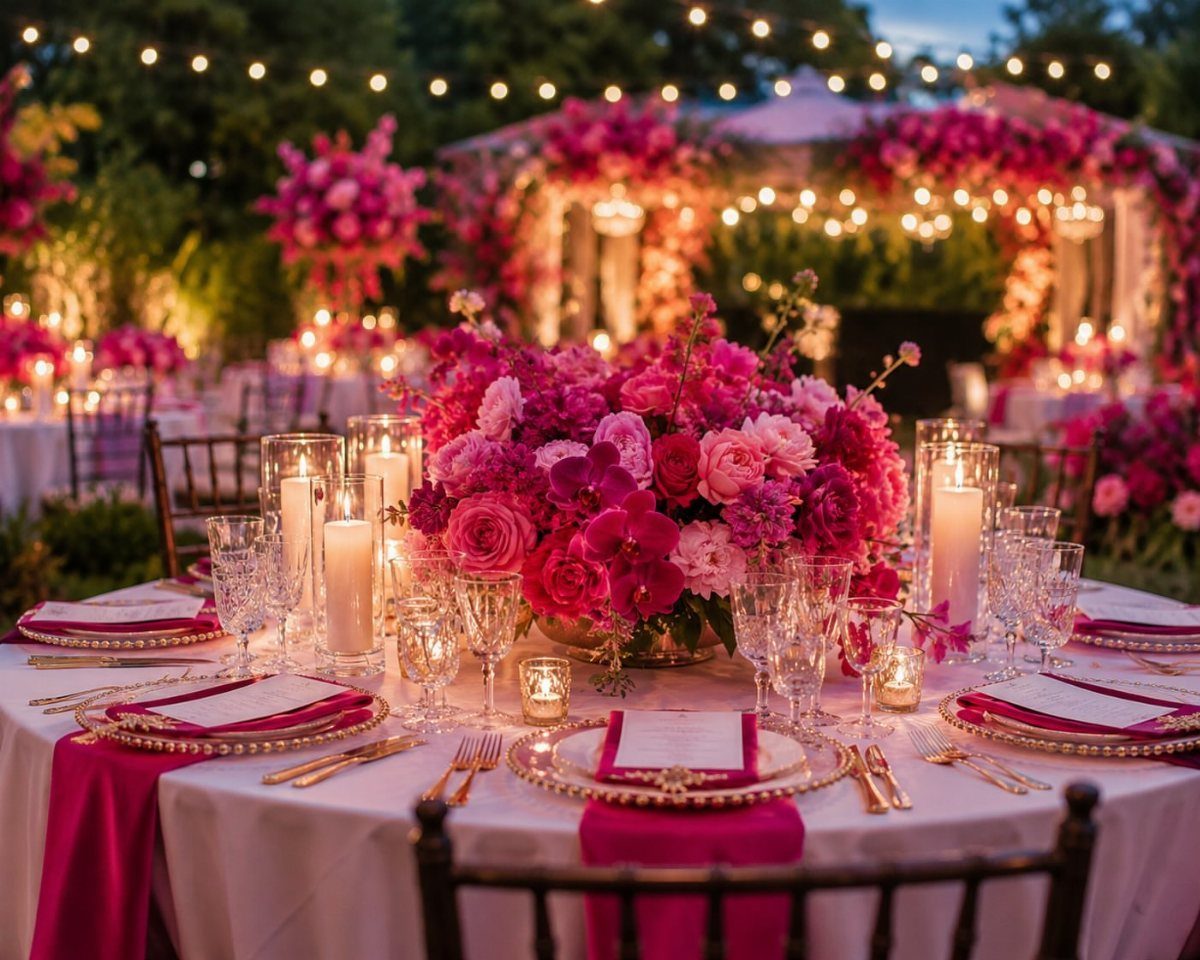 Colour Scheme for Wedding: 15 Ideas and Palettes 9 Wedding table setting with pink roses, gold plates, and white candles outdoors