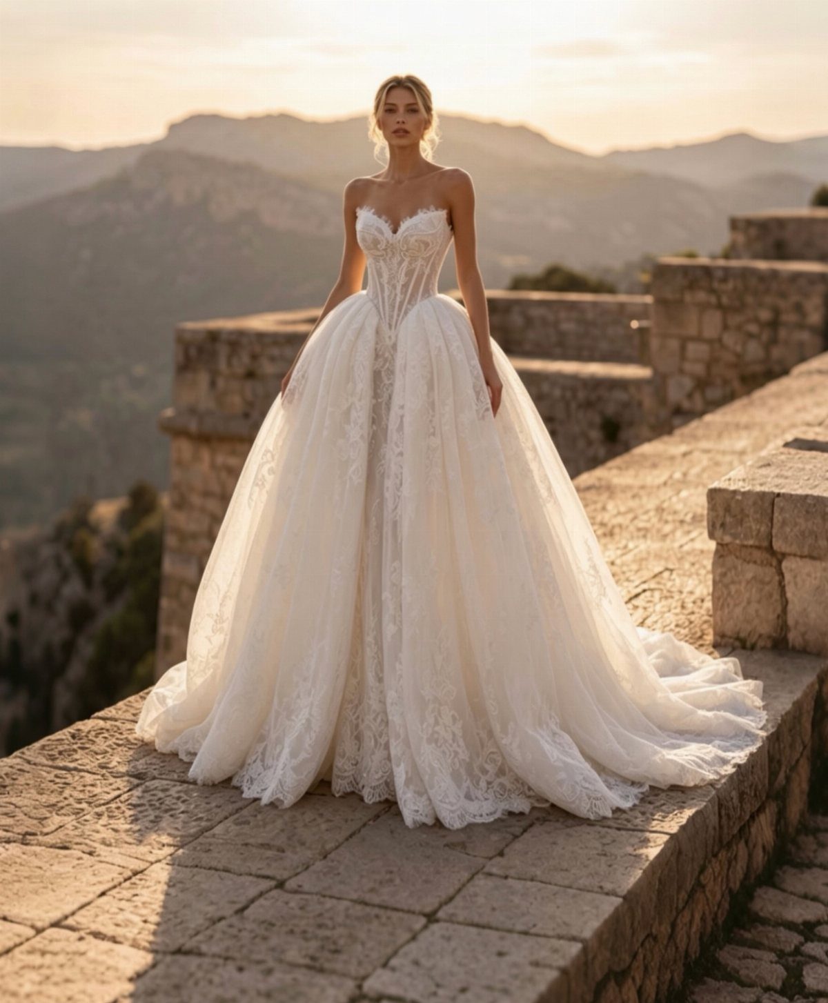 Corset Style Wedding Dress Ideas: 8 Designs to Love 2 Woman in a white lace wedding dress with a corset bodice on a stone terrace.