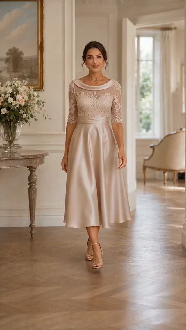 9 Court Wedding Outfit Ideas, From Jumpsuits to Mini Dresses 4 Woman in a champagne tea-length wedding dress with lace bodice in a bright room