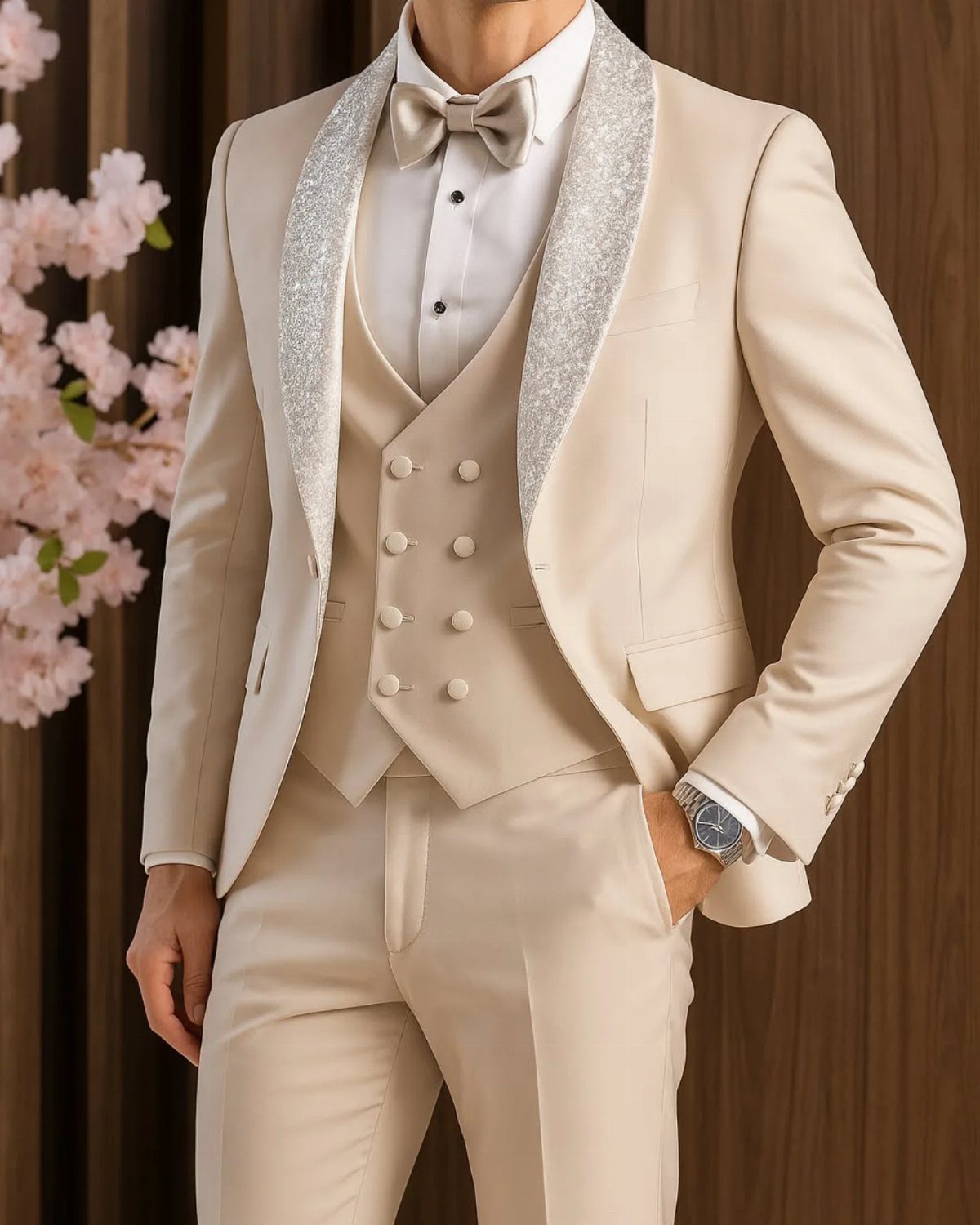 9 Court Wedding Outfit Ideas, From Jumpsuits to Mini Dresses 2 Man in a tailored cream three-piece suit with a shimmering silver lapel and bow tie.
