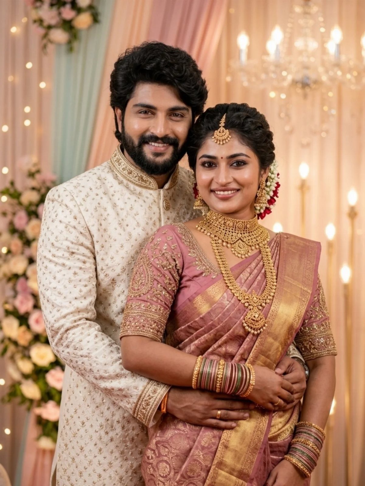 Couple in traditional Indian wedding attire with man wrapping arms around woman's waist