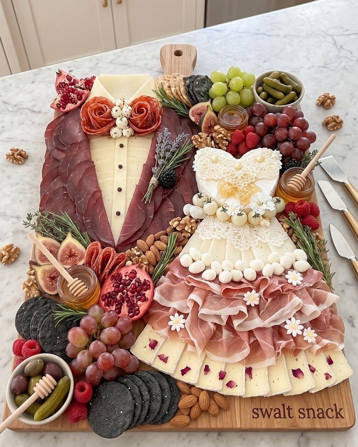Charcuterie board with meats and cheeses arranged as a wedding couple on wood.
