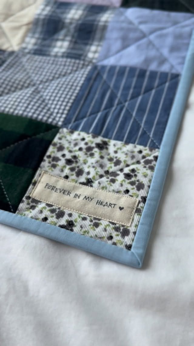 Handmade patchwork quilt with a label reading Forever in my heart