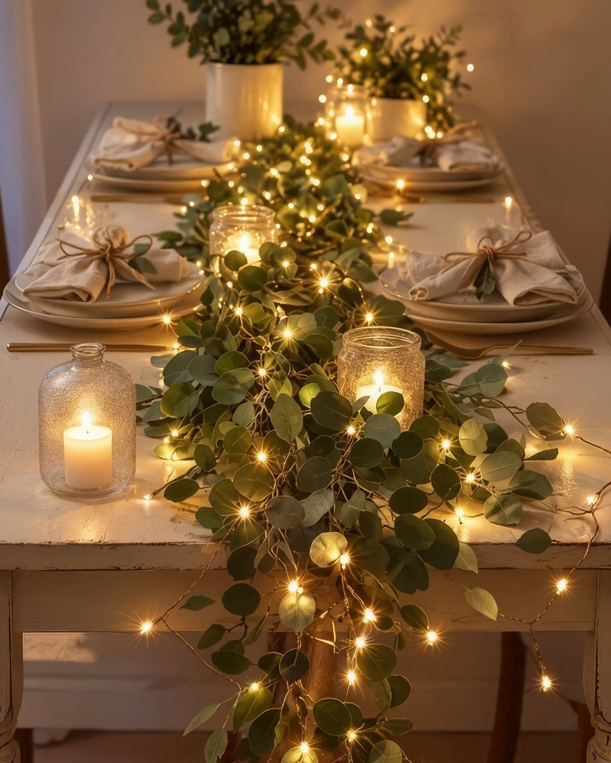 Eucalyptus leaves entwined with fairy lights as a table runner with candles and plates.