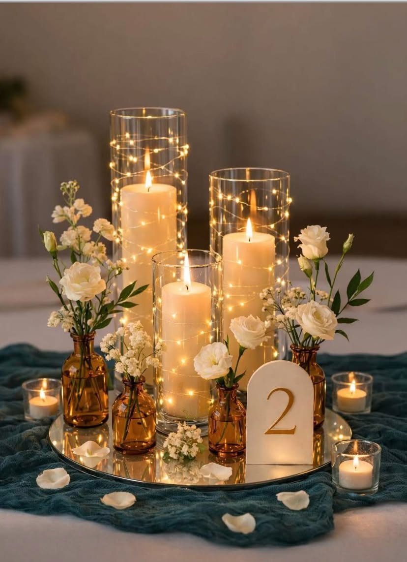 Glass cylinder vases with pillar candles and fairy lights on a mirrored tray.