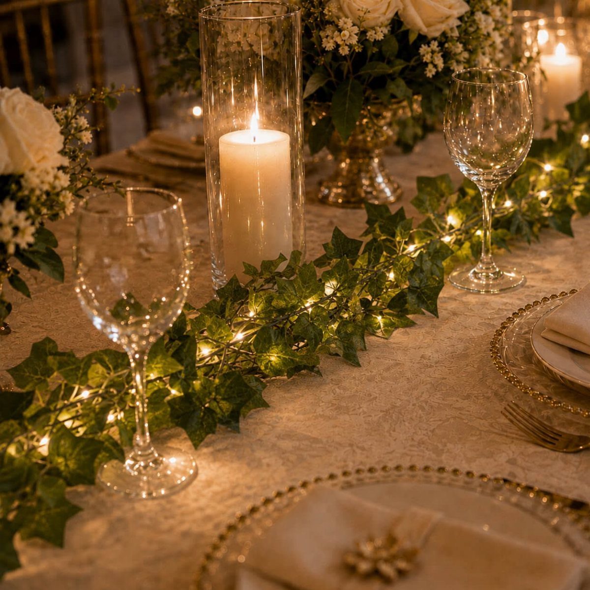 Glass cylinder vase with candle and ivy garlands entwined with warm fairy lights.