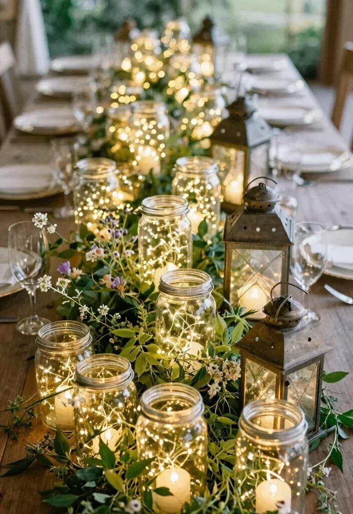 Mason jars filled with fairy lights and lanterns on a decorated wedding table.