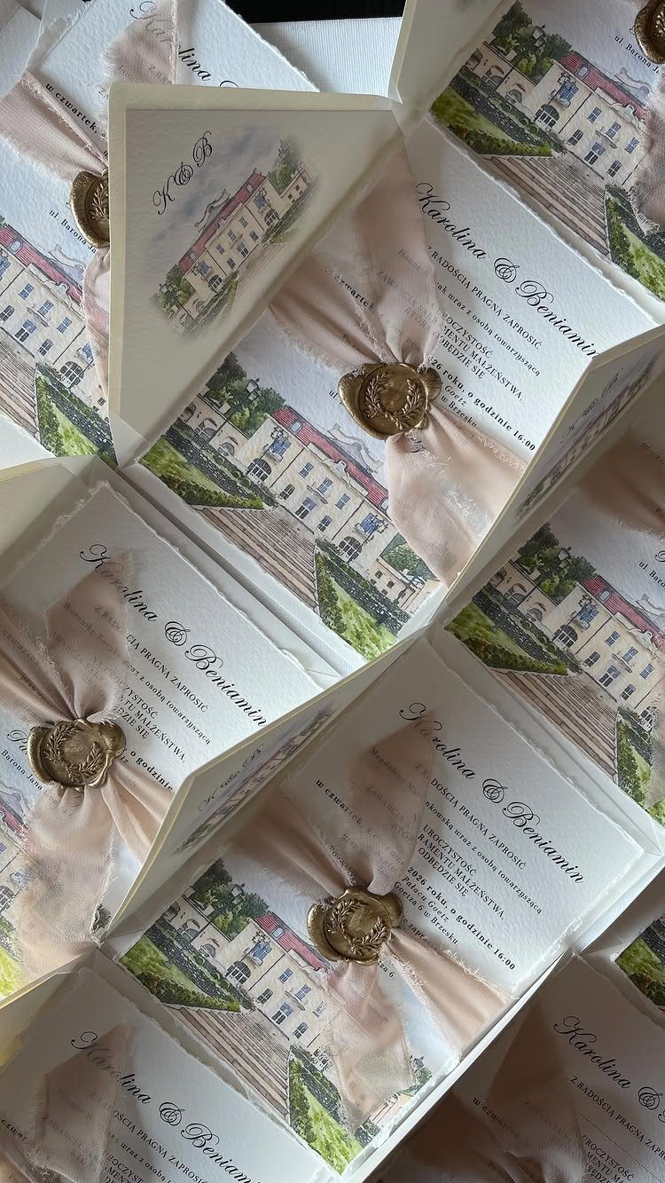 Wedding invitations with building illustrations, pink ribbons, and gold wax seals.