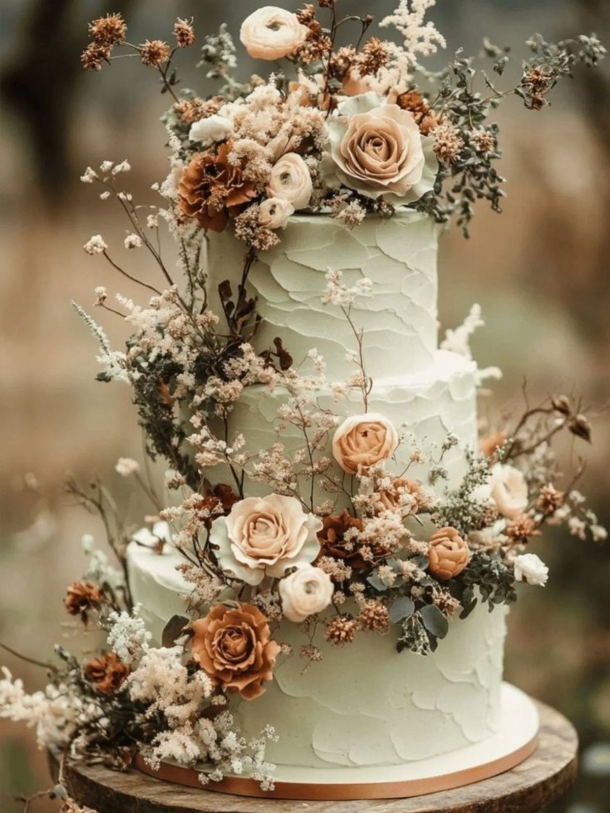 Three-tiered white wedding cake with roses on a rustic wooden tree stump slice.