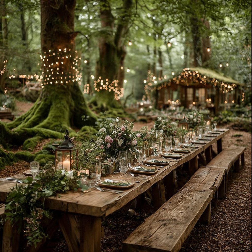 Rustic wooden wedding table with flowers and fairy lights in an enchanted forest