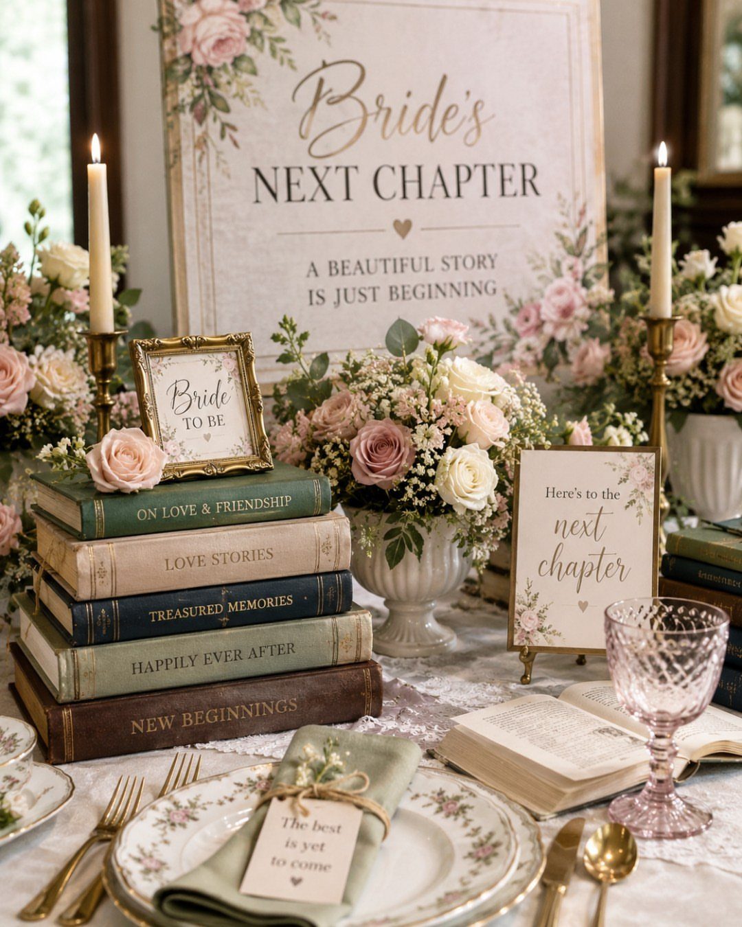 Stack of vintage books and pink roses on a fairytale wedding table.