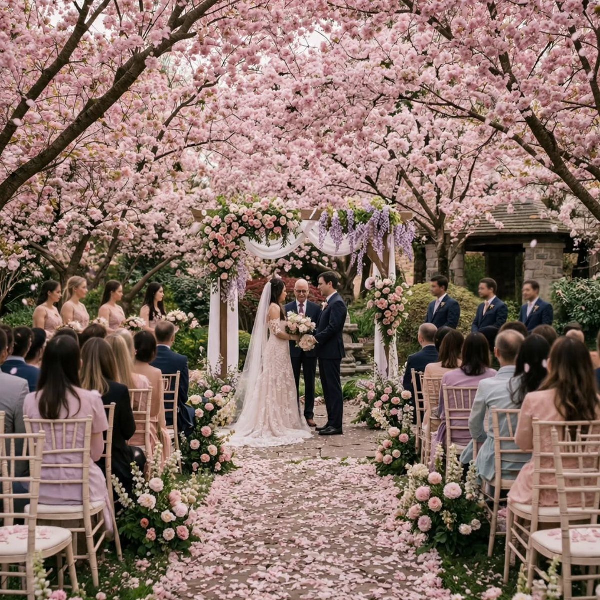 Fantasy Wedding Venue Ideas: 11 Storybook Settings 10 Wedding ceremony under pink cherry blossom trees with a floral arch and guests