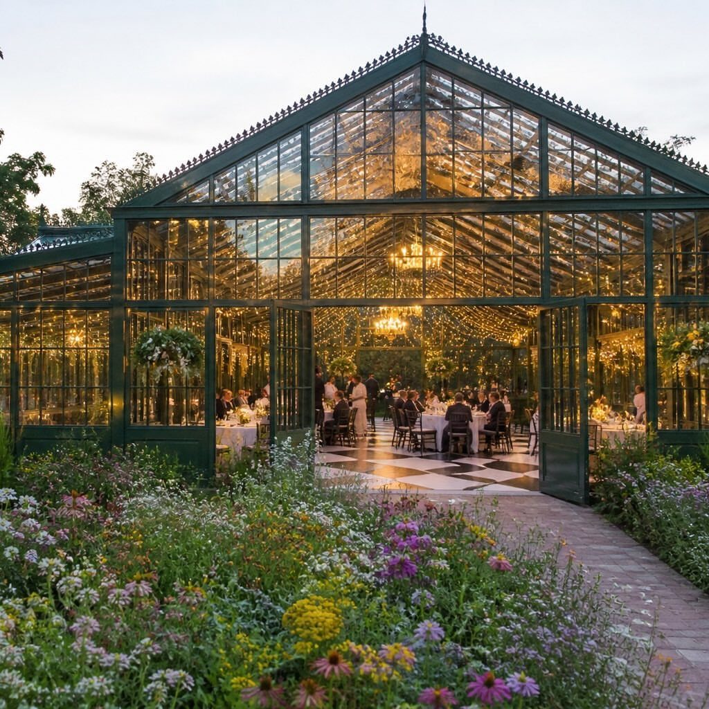 Fantasy Wedding Venue Ideas: 11 Storybook Settings 1 Glass conservatory wedding venue surrounded by a colorful garden of wildflowers and greenery.