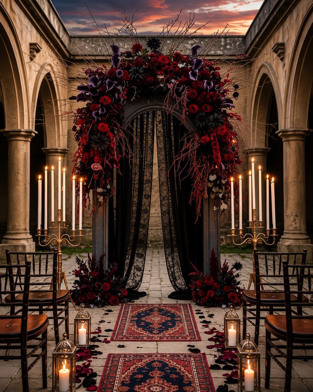 8 Gothic Romance Wedding Ideas for a Dark, Moody Day 8 Gothic wedding arch decorated with dark red flowers and black lace in a cloister.