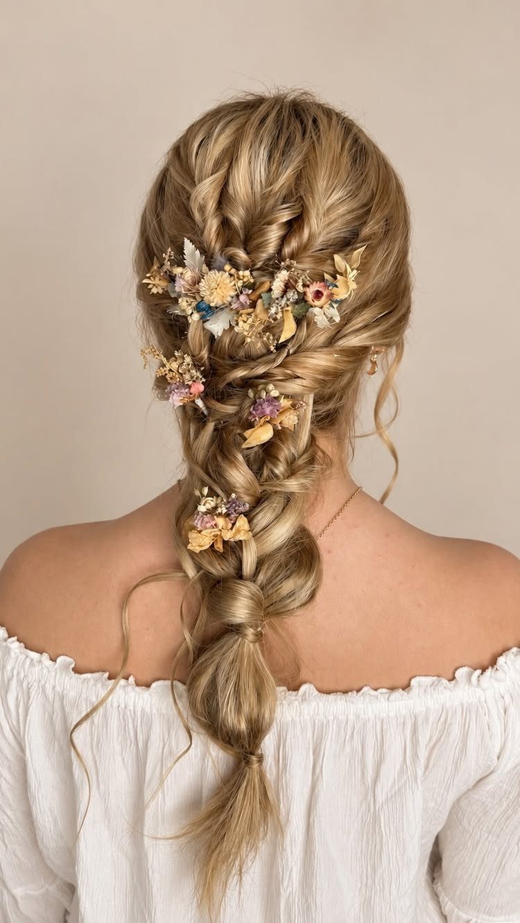 14 Ideas for Hair for a Wedding Guest, From Buns to Waves 10 Blonde hair in a loose braid decorated with small dried flowers and greenery.