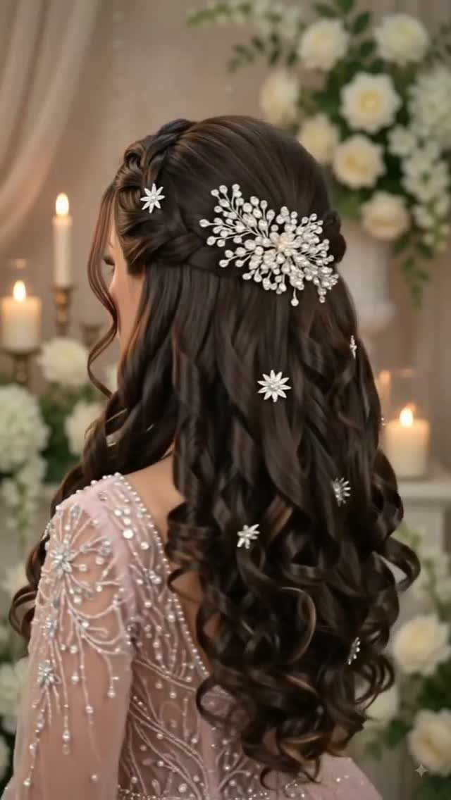 11 Half Up and Down Wedding Hair Ideas for Brides 5 Woman with braided half-up curly brown hair adorned with a jeweled floral clip.