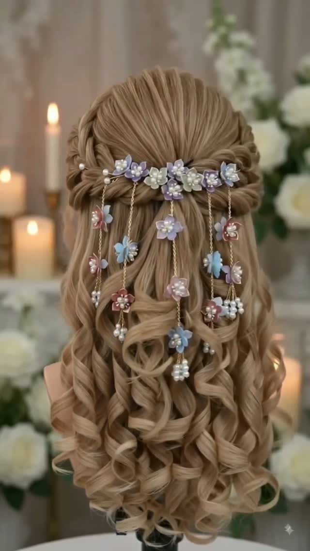 11 Half Up and Down Wedding Hair Ideas for Brides 11 Blonde half-up half-down curly hairstyle with floral and pearl hair accessories on a mannequin.