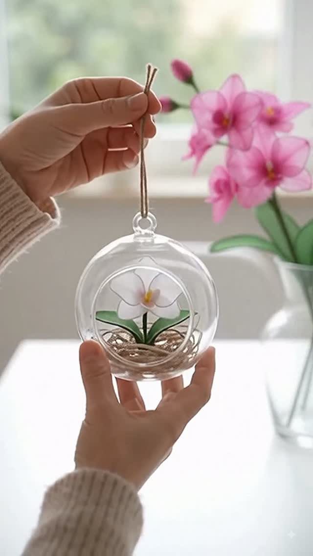 Glass orb with a white flower held by hands against pink orchids.