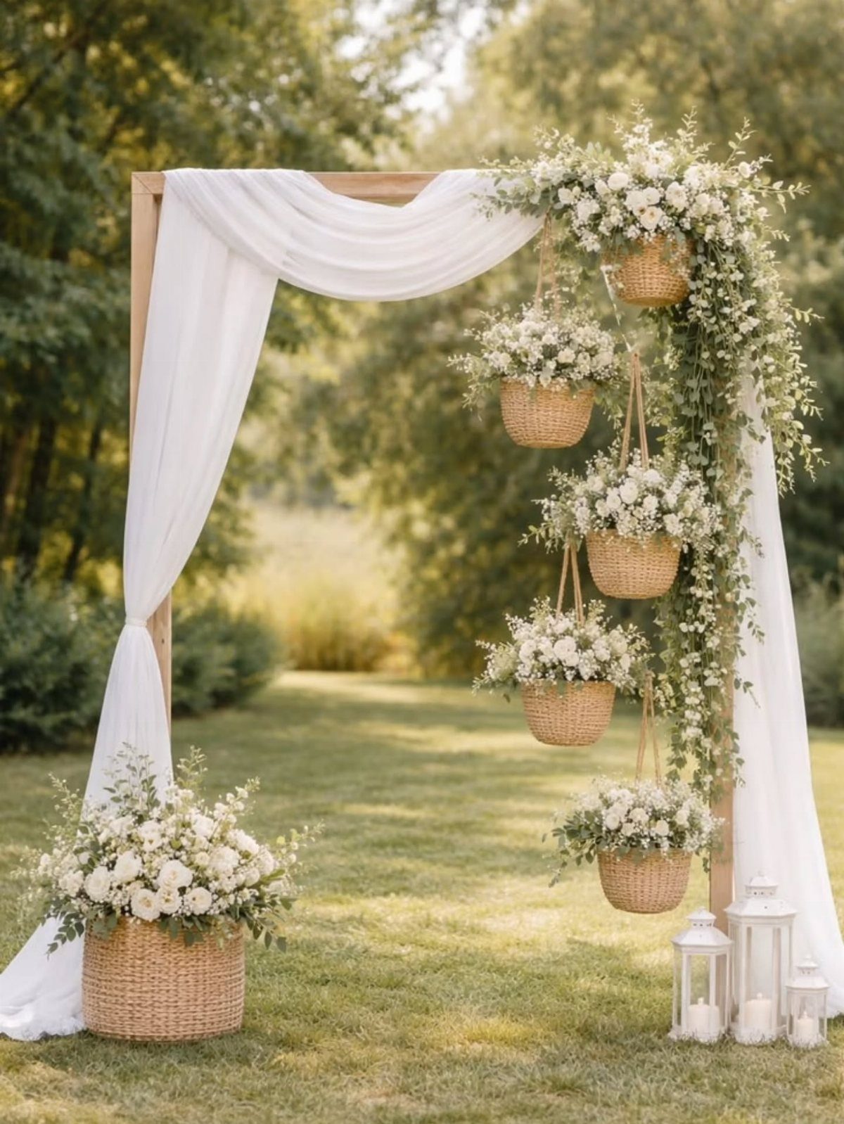 Wooden wedding arch with white fabric and hanging wicker baskets of white flowers.