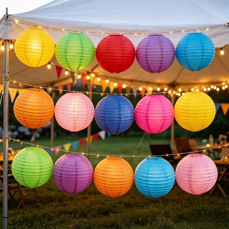 Colorful spherical paper lanterns hanging in rows under a white outdoor event tent.