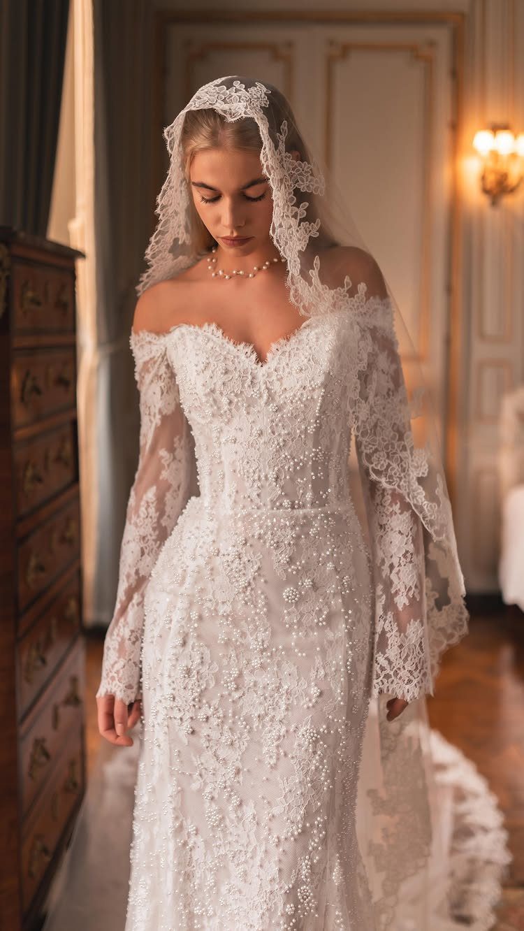 Woman in an ivory lace mermaid wedding dress with a sweetheart neckline and veil.