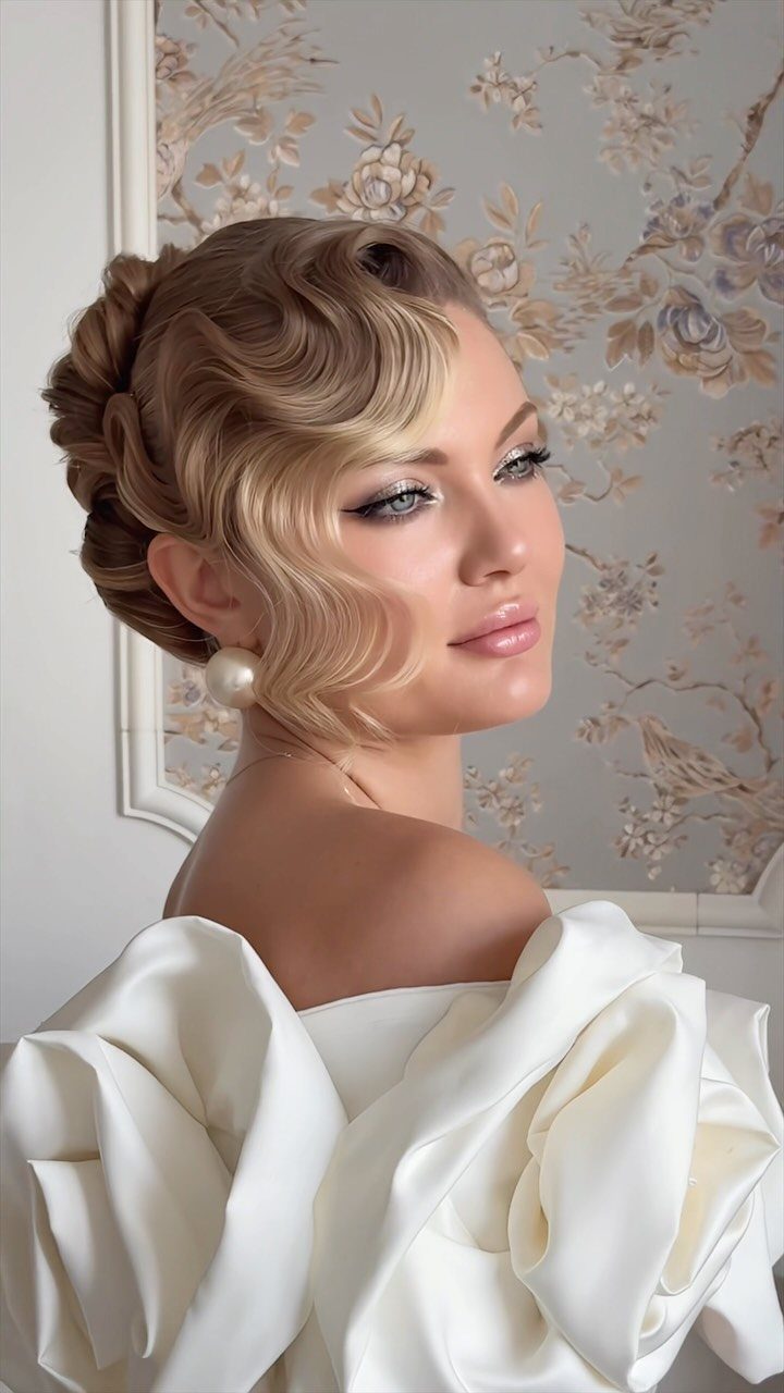15 Long Hair Wedding Styles for Braids, Buns and Waves 14 Woman with blonde vintage finger wave hairstyle wearing a white satin wedding dress.