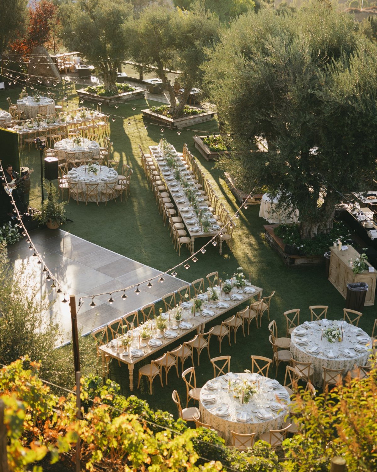 Outdoor wedding reception with long tables and round tables set in a lush vineyard.