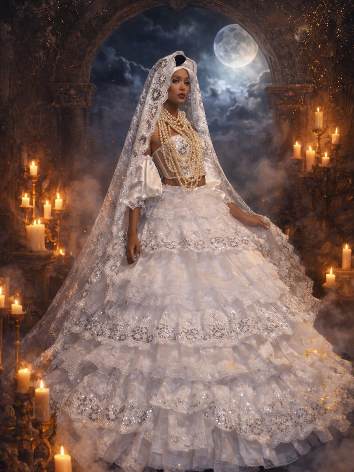 Woman in a tiered white lace wedding dress and mantilla veil among candles.