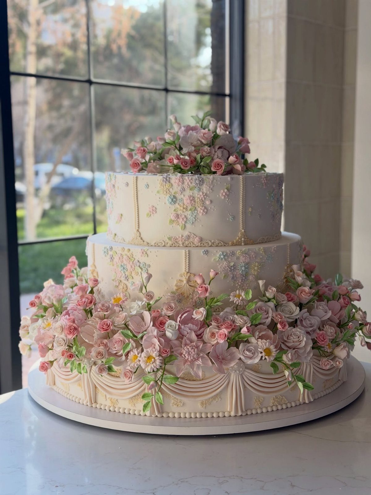 Three-tier white wedding cake adorned with detailed pink and white sugar flowers.